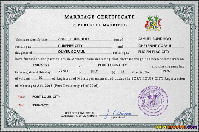 Mauritius marriage certificate